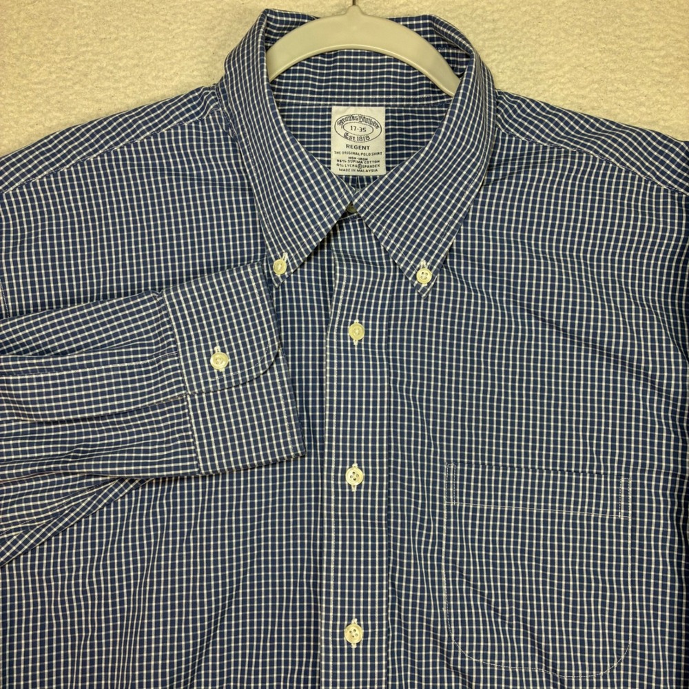 Brooks Brothers Regent Oxford Shirt Men 17x35 Blue Plaid Supima Cotton Business